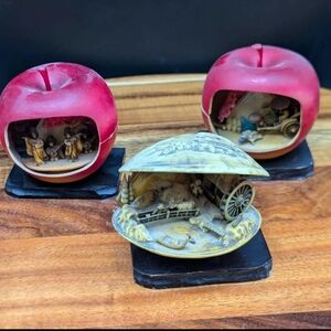 Vintage Asian Diorama Figurines Apple & Clamshell Village Scene Resin Carved Lot